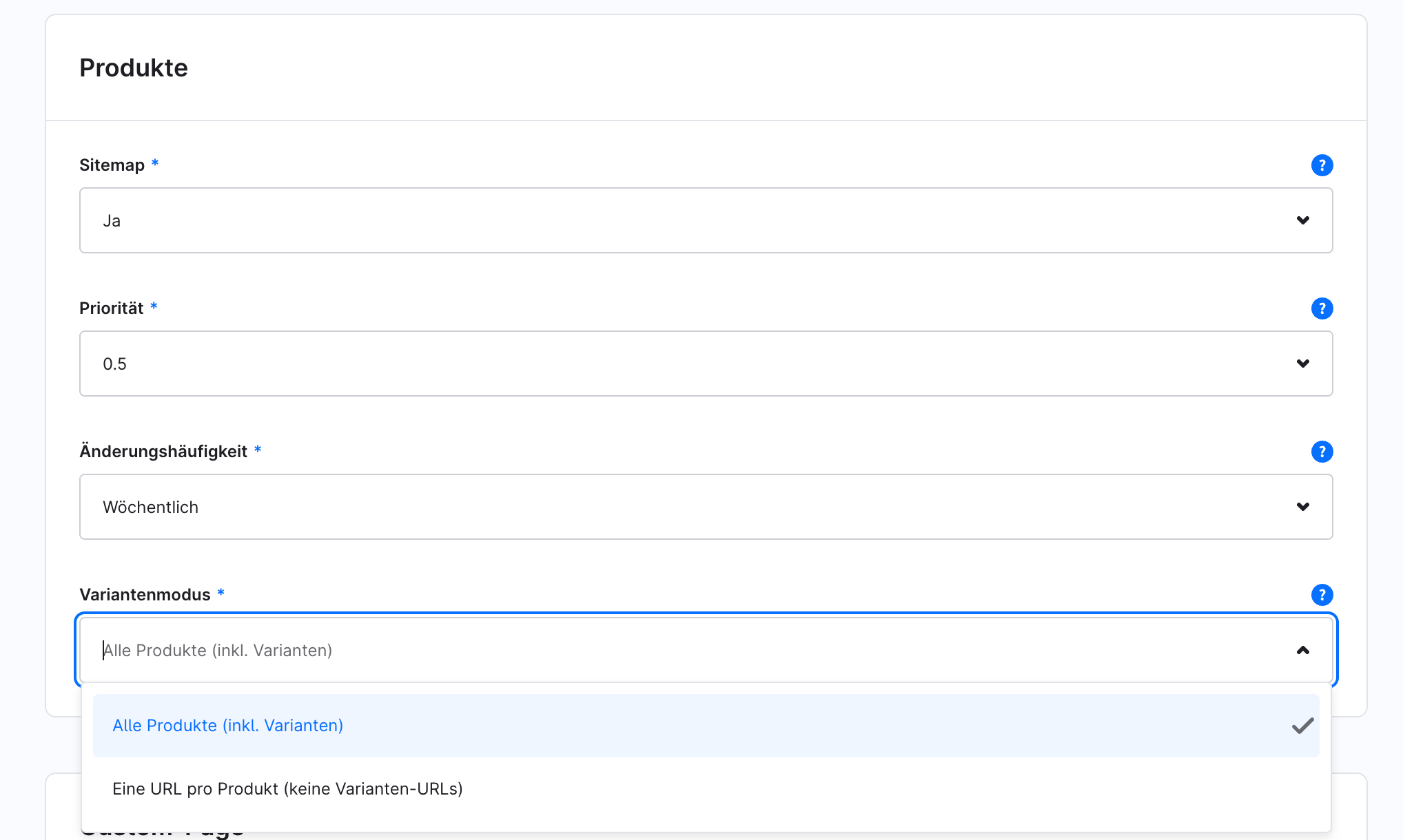 Selecting the variant mode in the plugin configuration: all products including variants or one URL per product